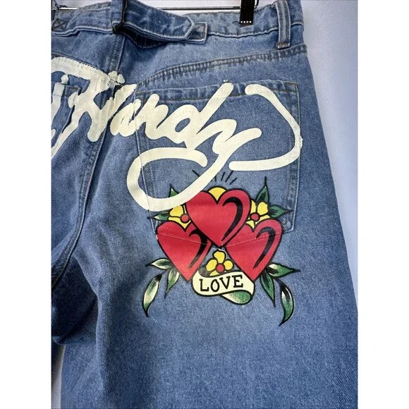 Ed Hardy Embroidered Heart Wide Leg Jeans Retro skater Denim 32 NWT - Picture 9 of 16